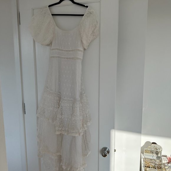 LoveShackFancy Cayden Silk High-Low Dress White Lace Eyelet Off Shoulder Gown - Picture 13 of 15